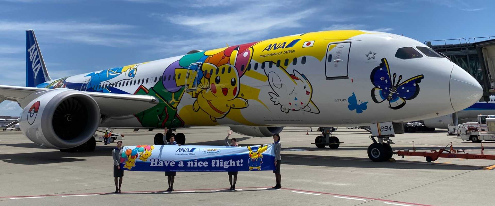 7 of the most unusual and impressive aircraft liveries, MTB Events. Image shows an ANA aircraft with images of Pikachu and other Pokémon along the fuselage.