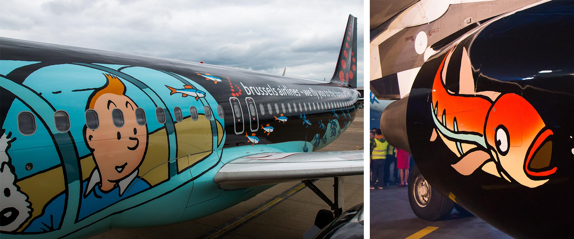 7 of the most unusual and impressive aircraft liveries, MTB Events. Image shows a Brussels Airlines aircraft painted with images from the comic of Tintin.